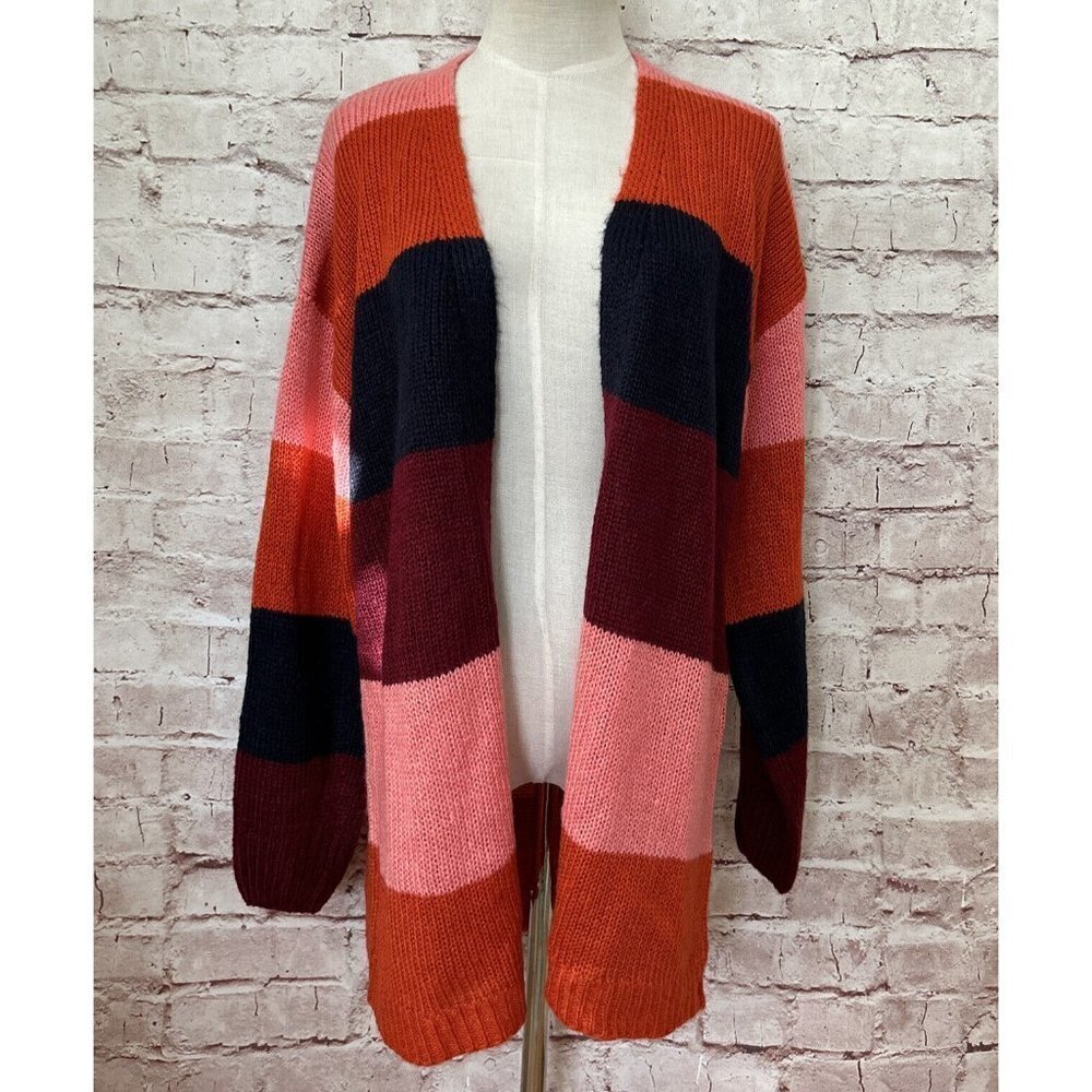 It's Our Time Womens Color Block Striped Open Front Cardigan Sweater Size M NEW